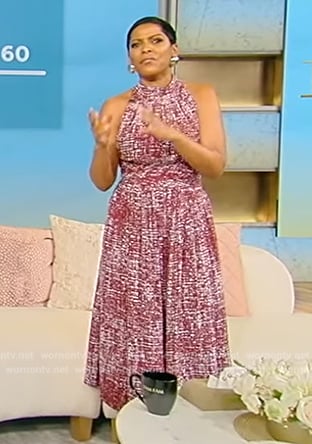 Tamron's red patterned sleeveless midi dress on Tamron Hall Show