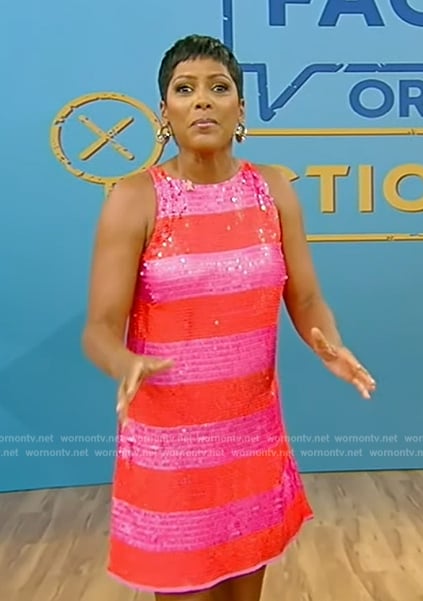 Tamron's red sequin stripe mini dress on Tamron Hall Show