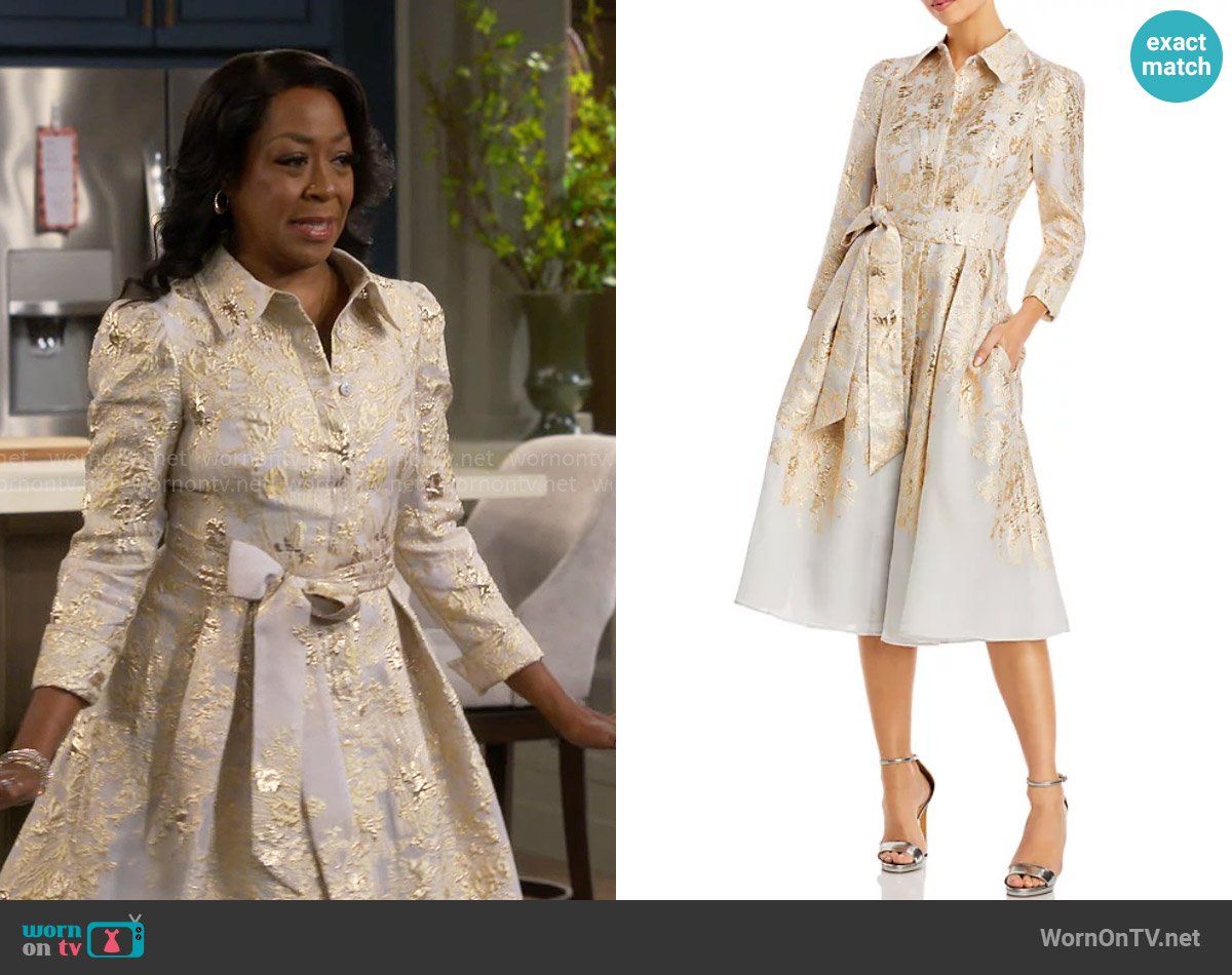 Teri Jon by Rickie Freeman Metallic Jacquard Shirtdress worn by Tina Butler (Tichina Arnold) on The Neighborhood