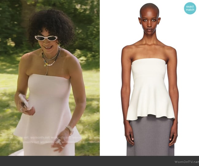 The Frankie Shop Off-White Agathe Knit Bustier Top worn by Sai De Silva on The Real Housewives of New York City