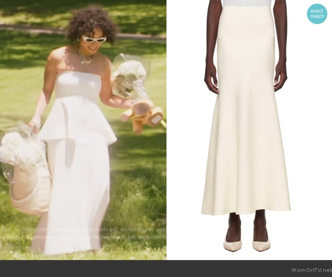 The Frankie Shop Off-White Gabrielle Midi Skirt worn by Sai De Silva on The Real Housewives of New York City