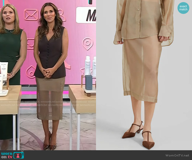 The Frankie Shop Peri Sheer Midi Skirt in Desert Sand worn by Sarah Eggenberger on Today