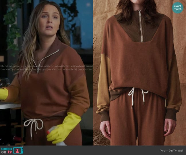 The Great The Colorblock Trail Sweatshirt in Heritage Brown worn by Jo Wilson (Camilla Luddington) on Greys Anatomy