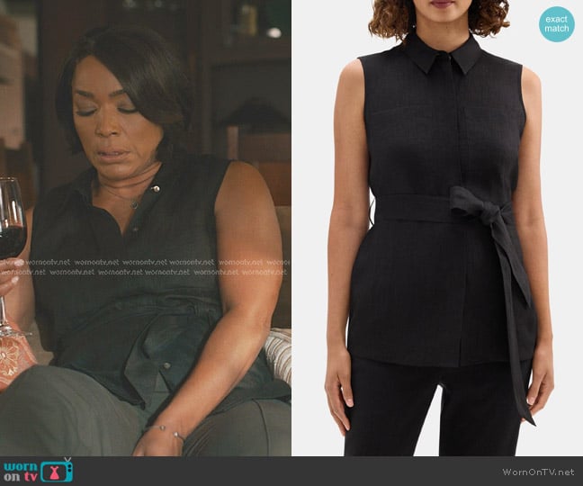 Theory Belted Patch Pocket Shirt in Hemp worn by Athena Grant (Angela Bassett) on 9-1-1