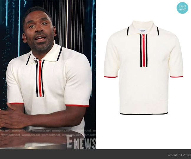 Thom Browne RWB-stripe polo shirt worn by Justin Sylvester on E! News