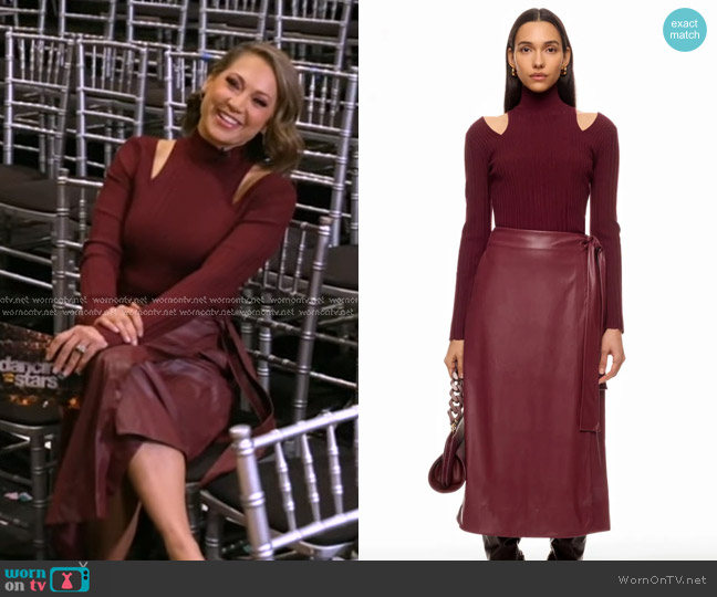 Toccin Cold Shoulder Rib Sweater and Faux Leather Wrap Skirt worn by Ginger Zee on Good Morning America