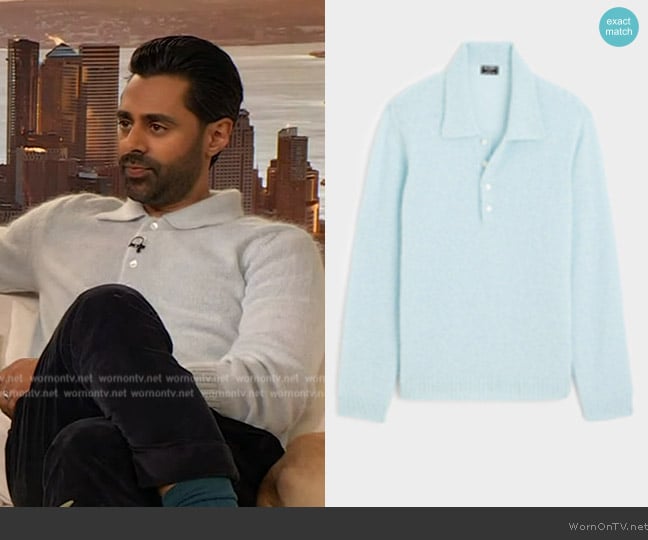 Todd Snyder Relaxed Mohair Polo in Steel Blue worn by Hasan Minhaj on The Drew Barrymore Show