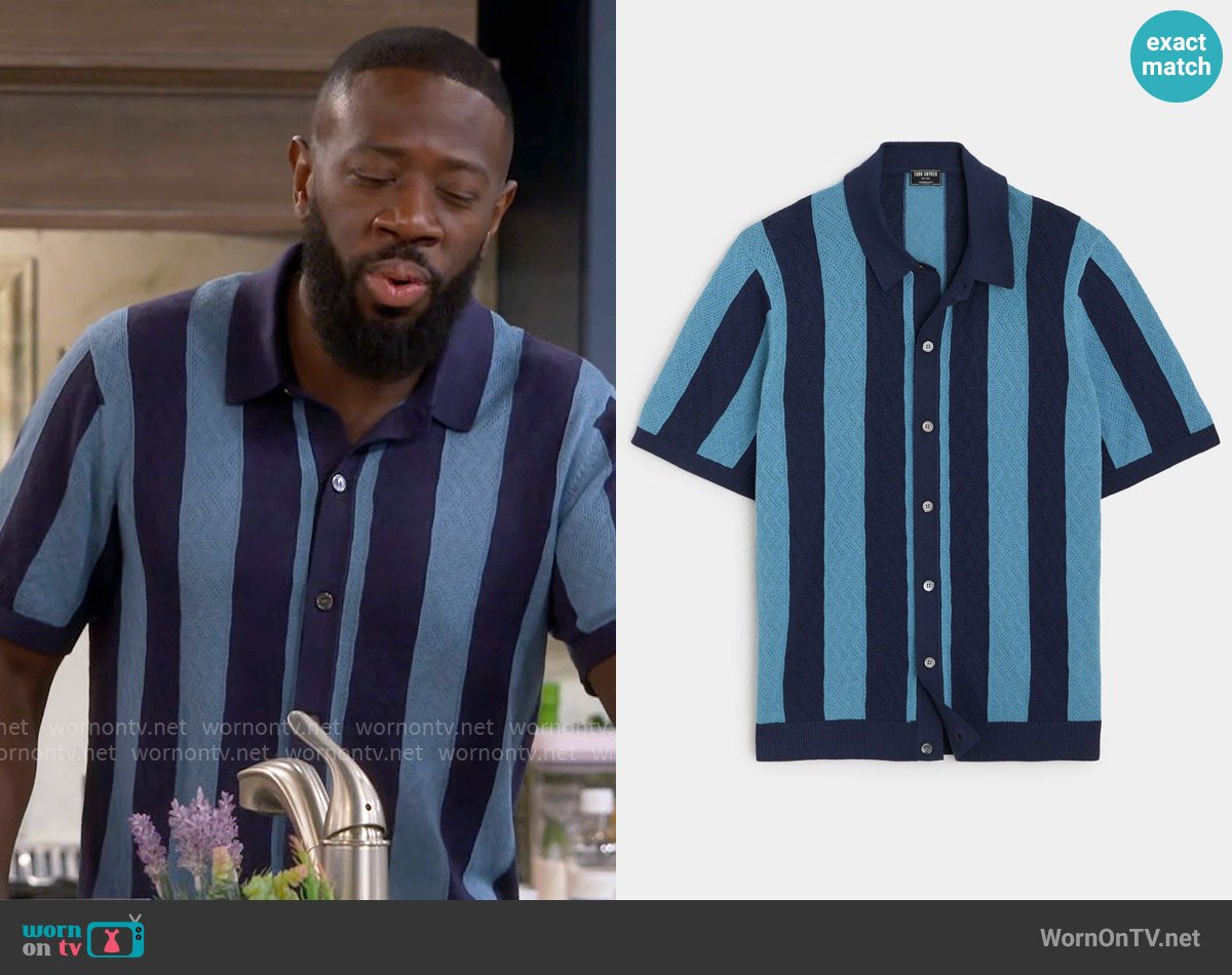 Todd Snyder Awning Stripe Full-Placket Polo in Sail Blue worn by Malcom (Sheaun McKinney) on The Neighborhood