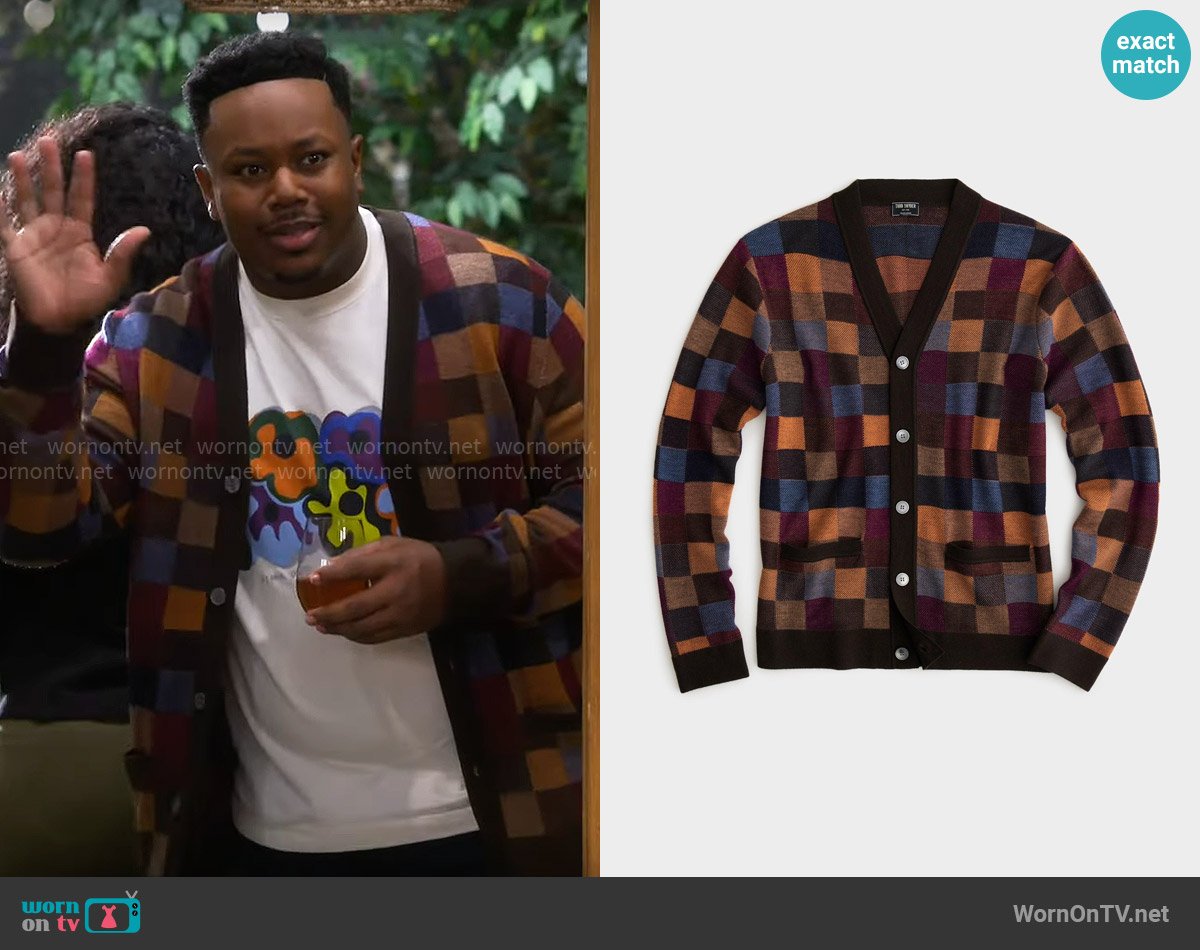 Todd Snyder Squares Merino Cardigan worn by Marty (Marcel Spears) on The Neighborhood