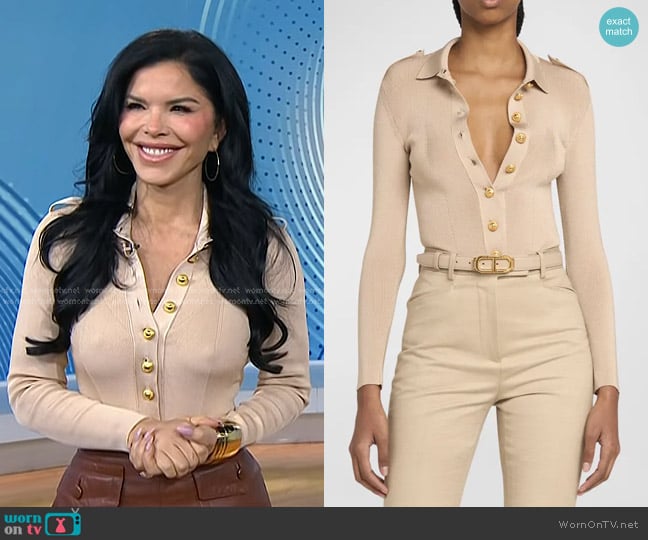 Tom Ford Button-Front Polo Bodysuit in Soft Beige worn by Lauren Sanchez on Today