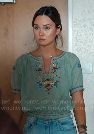 Tory's green floral embroidered top on Based on a True Story