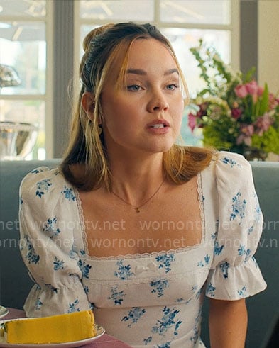 Tory's white and blue floral dress on Based on a True Story