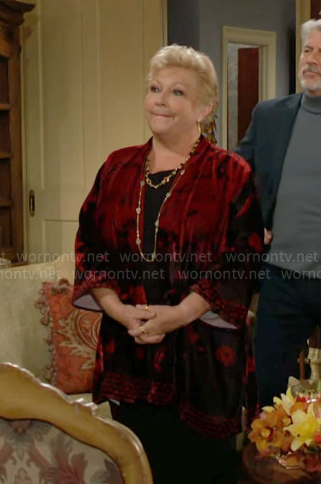 Traci’s red and black floral velvet jacket on The Young and the Restless