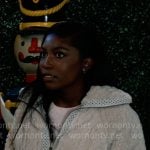 Trina’s white fluffy jacket on General Hospital