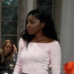 Trina’s light pink off-shoulder cable-knit sweater on General Hospital