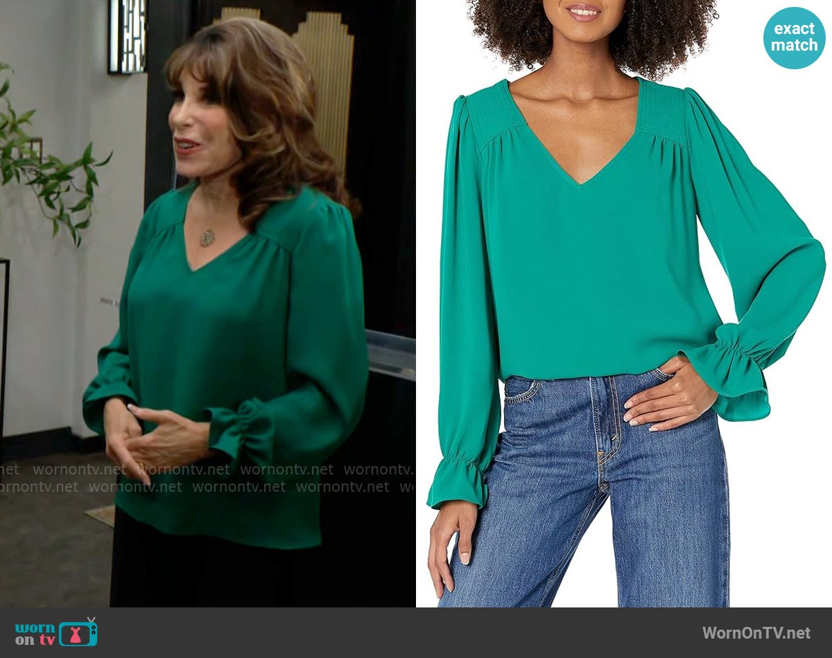 Trina Turk Jana Blouse in Viridis worn by Esther Valentine (Kate Linder) on The Young and the Restless