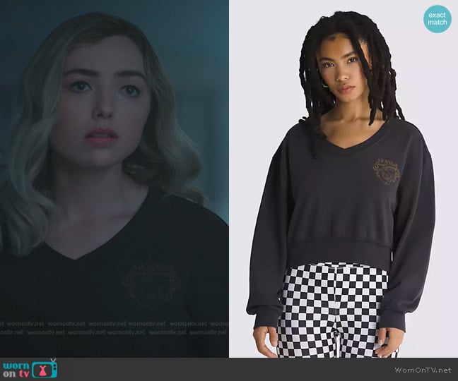 Vans Check Crest V Neck Crew Sweater in Phantom worn by Tory Nichols (Peyton List) on Cobra Kai