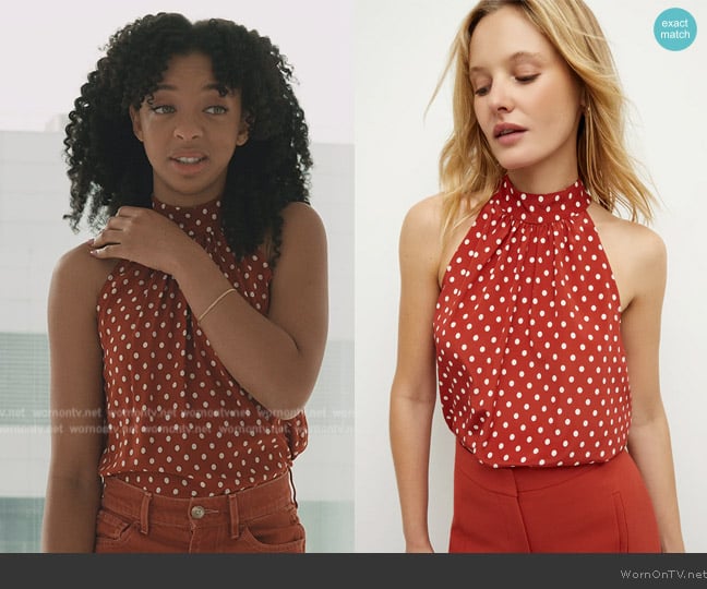 Veronica Beard Kovi Polka-Dot Halter Top worn by Cissy (Zolee Griggs) on Elsbeth