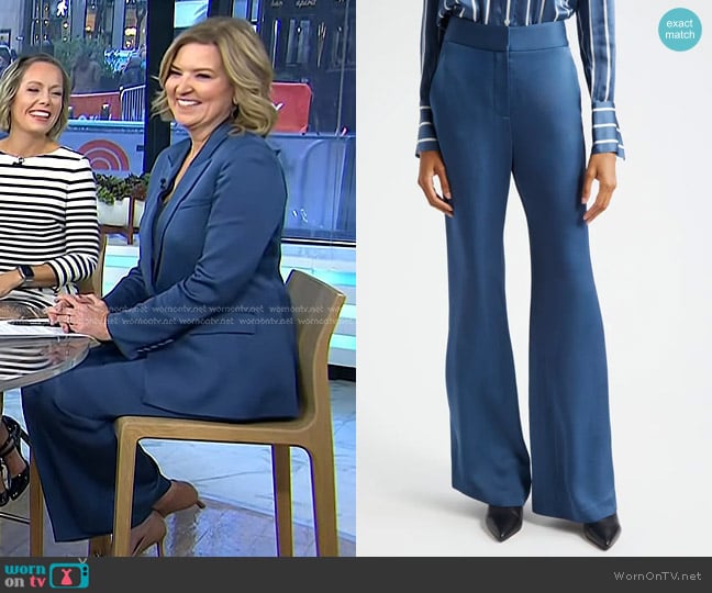 Veronica Beard Lebone Satin Wide Leg Pants in Blue Stone worn by Christine Romans on Today