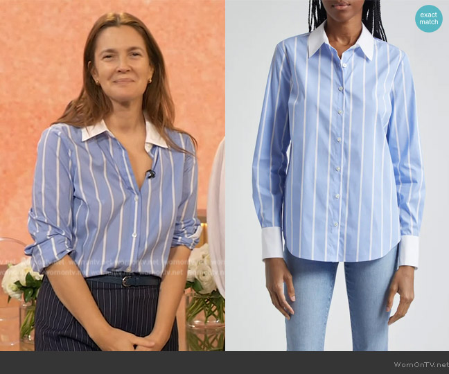 Veronica Beard Marisol Stripe Cotton Blend Button-Up Shirt worn by Drew Barrymore on The Drew Barrymore Show