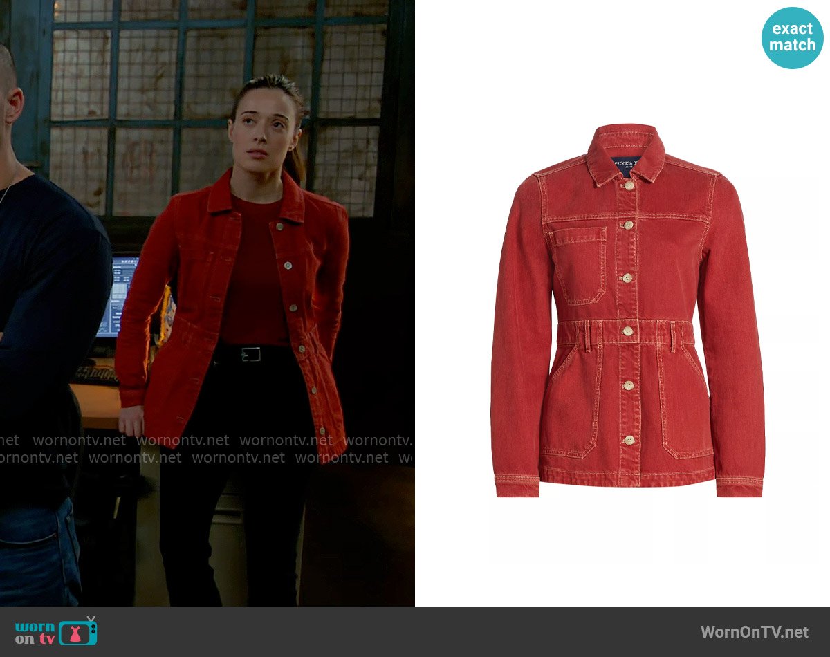 Veronica Beard Anzu Denim Jacket in Brick Red worn by Kim Burgess (Marina Squerciati) on Chicago PD