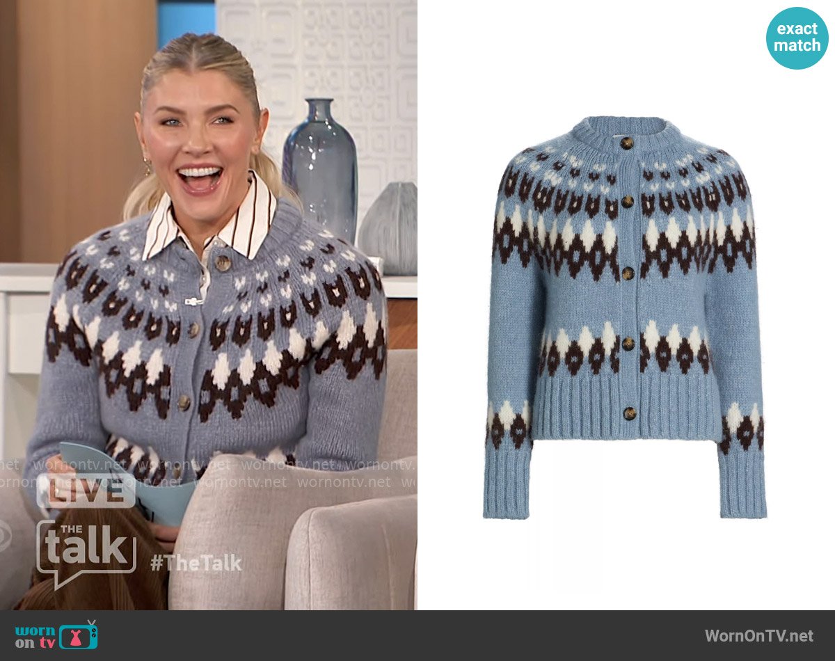 Veronica Beard Christina Fairisle Cardigan in Smoke Blue worn by Amanda Kloots on The Talk