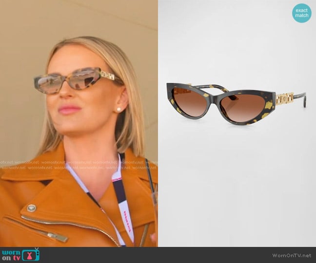 Versace Bright Greca Embellished Cat-Eye Sunglasses in Havana worn by Whitney Rose on The Real Housewives of Salt Lake City