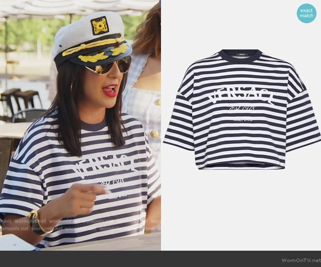 Versace L'Ancora striped cotton crop top worn by Jessel Taank on The Real Housewives of New York City