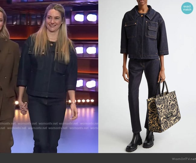 Versace Medusa Buckle Patch Pocket Denim Shirt worn by Shailene Woodley on The Kelly Clarkson Show