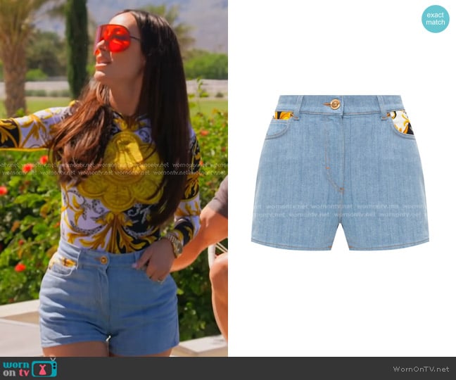 Versace Patchwork Denim Shorts worn by Angie Katsanevas on The Real Housewives of Salt Lake City