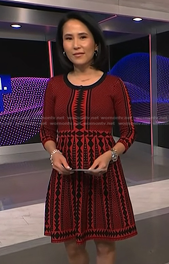 Vicky’s red and black print knit dress on NBC News Daily