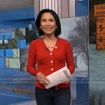 Vicky’s red ribbed cardigan and side stripe jeans on NBC News Daily