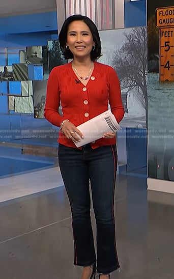 Vicky’s red ribbed cardigan and side stripe jeans on NBC News Daily