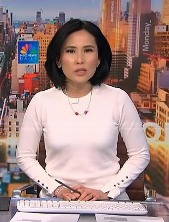 Vicky’s white button cuff sweater on NBC News Daily