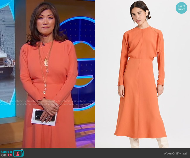 Victoria Beckham Dolman Midi Dress in Papaya worn by Juju Chang on Good Morning America