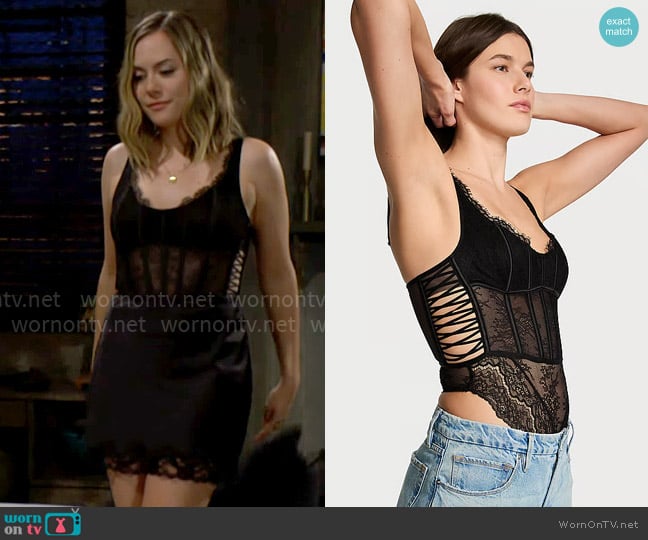 Victorias Secret Dream Angels Wicked Corset Teddy worn by Hope Logan (Annika Noelle) on The Bold and the Beautiful