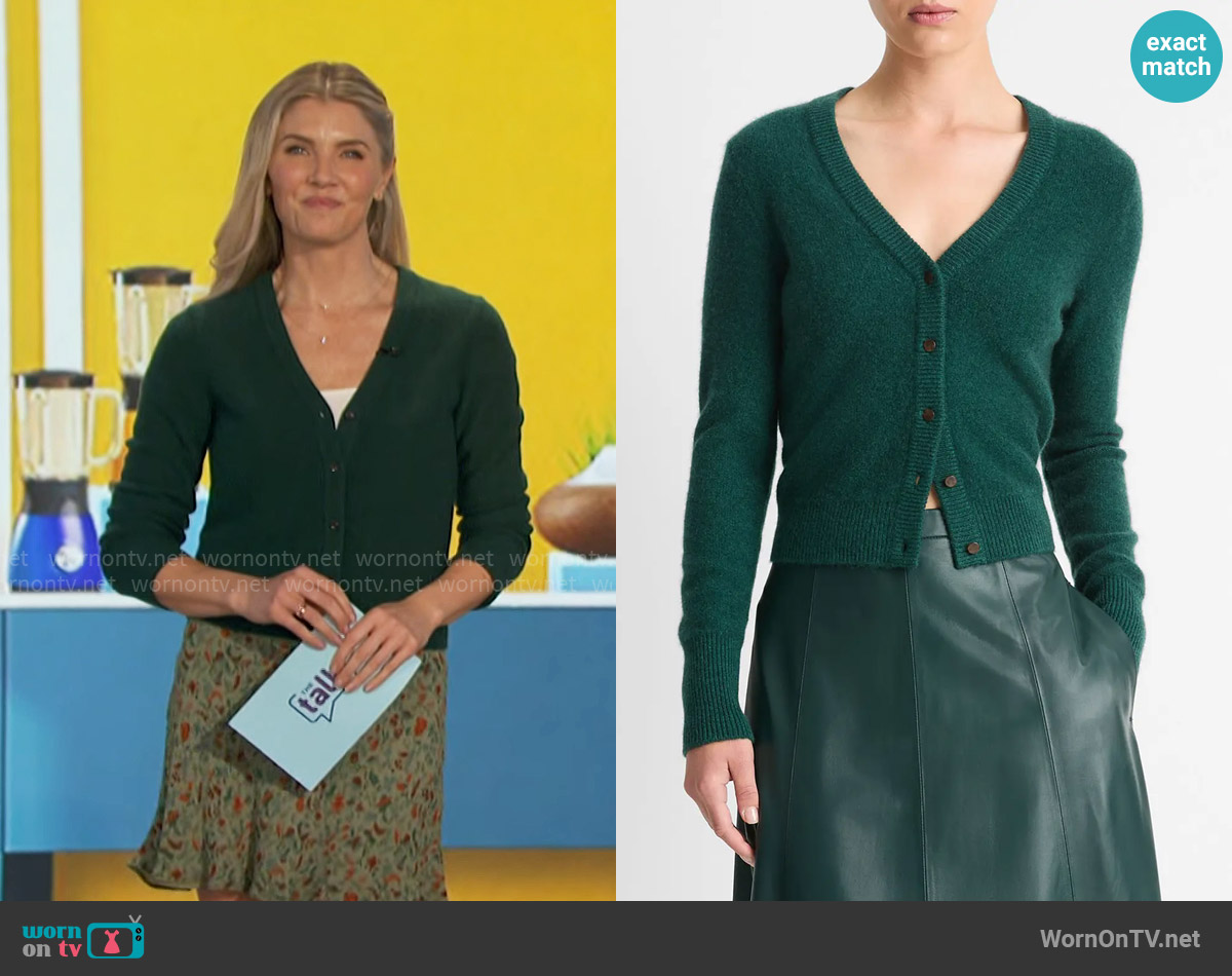 Vince Boiled Cashmere Cardigan in Heather Jade Lake worn by Amanda Kloots on The Talk