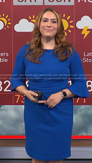 Violeta Yas's blue bell sleeve sheath dress on NBC News Daily