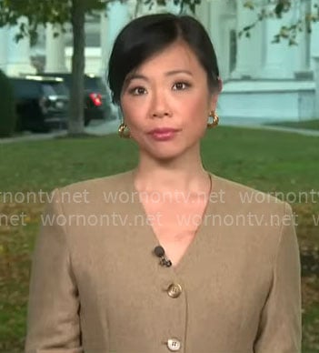 Weijia Jiang’s beige v-neck jacket on CBS Mornings