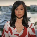 Weijia Jiang’s white and red printed v-neck dress on CBS Mornings