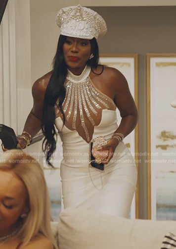 Wendy's white embellished maxi dress on The Real Housewives of Potomac