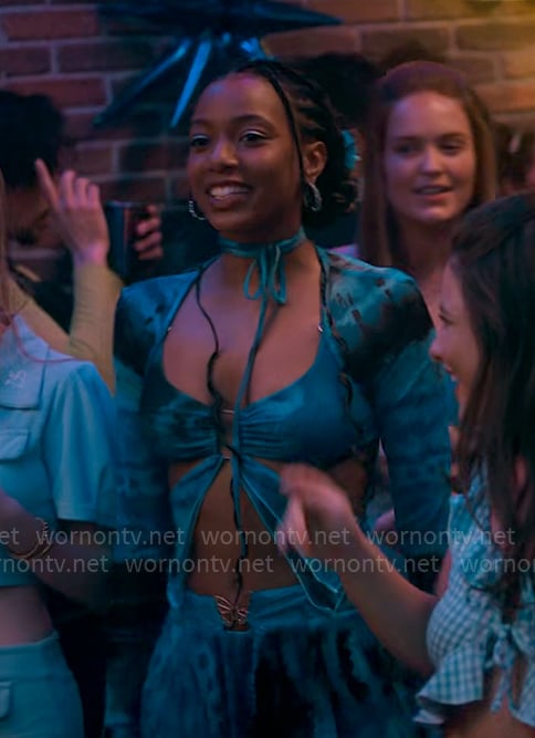 Whitney's blue tie dye butterfly outfit on The Sex Lives of College Girls