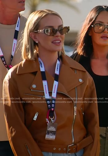 Whitney's tan leather moto jacket on The Real Housewives of Salt Lake City