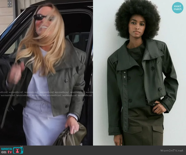 Zara Cropped Waxed Trench Coat in Dark Khaki worn by Heather Gay on The Real Housewives of Salt Lake City