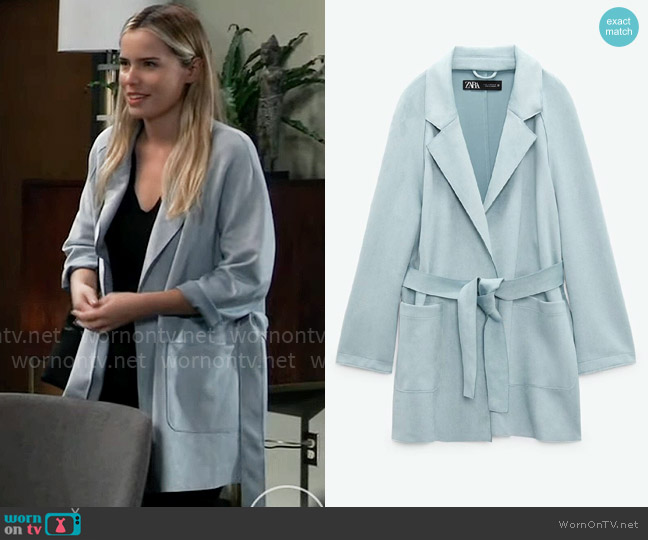 Zara Faux Suede Jacket with Belt worn by Sasha Gilmore (Sofia Mattsson) on General Hospital