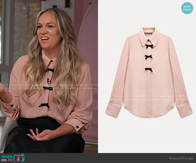 Zara Velvet Bows Shirt in Beige-pink worn by Emily Potempa on Today