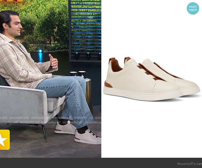 Zegna Off-White Deerskin Triple Stitch Sneakers worn by Matteo Bocelli on Access Hollywood