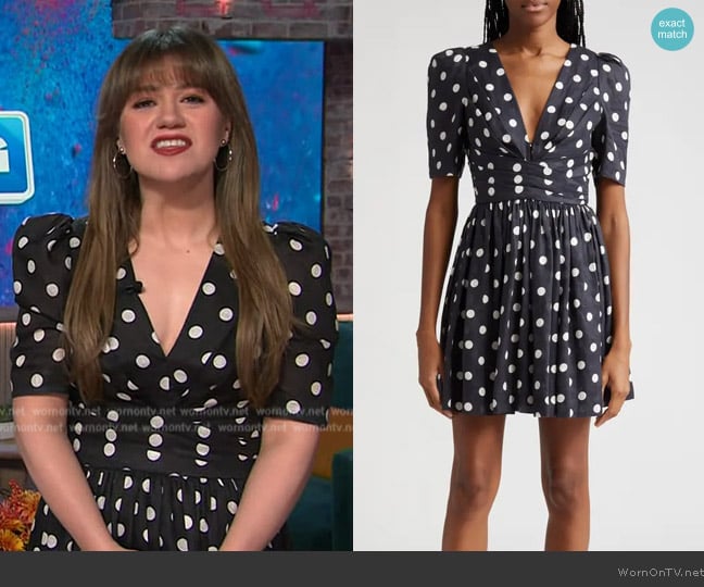 Zimmermann Polka Dot Pleated Linen Minidress worn by Kelly Clarkson on The Kelly Clarkson Show