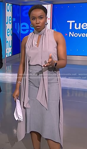 Zinhle's grey sleeveless scarf top on NBC News Daily