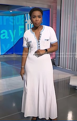 Zinhle's white denim trim dress on NBC News Daily